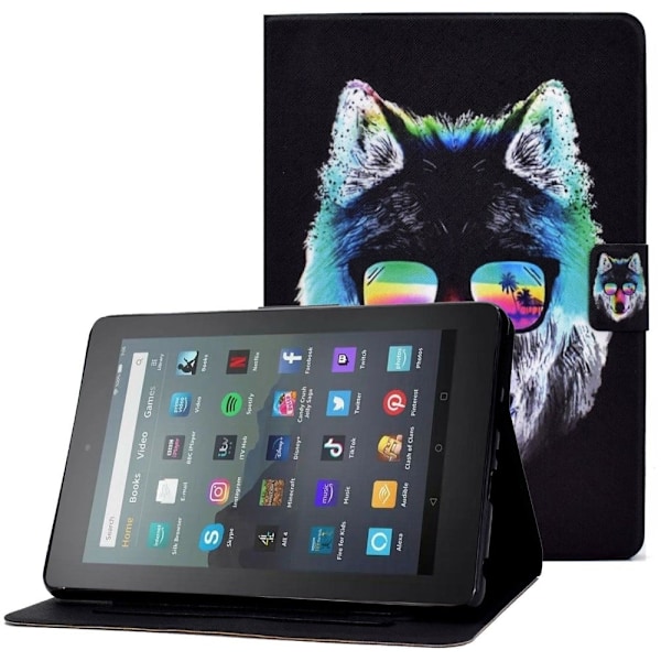 Amazon Fire 7 (2022) viileä kuvio nahkakotelo - Lasit Susi Multicolor