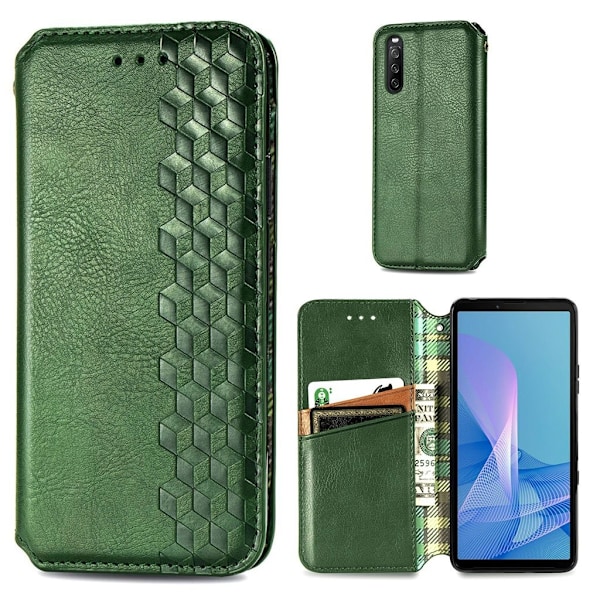Läder Sony Xperia 10 III fodral med romb-design - Grön Grön