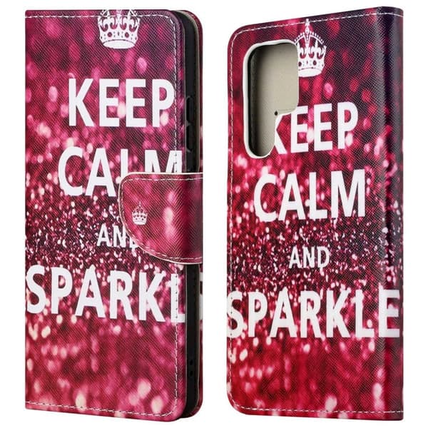 Wonderland Samsung Galaxy S23 Ultra Flippetui - Keep Calm og Sparkle Red