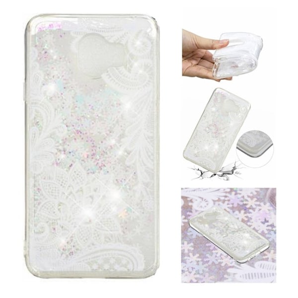 Samsung Galaxy J4 (2018) flytande glitter skal med tryckt mönster - Spetsblomma Vit