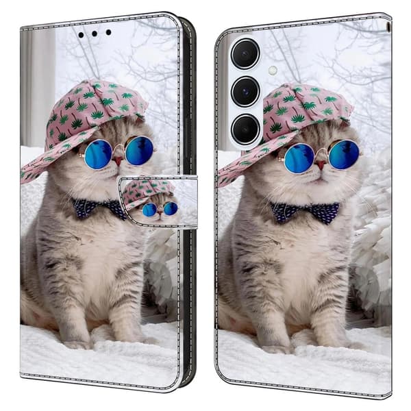 Samsung Galaxy A56 5G Plånboksfodral Mönster Tryck Stativ Läder Flip Telefonskal - Hattkatt Silvergrå