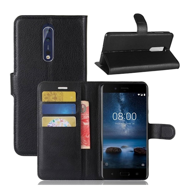 Nokia 8 Litchi skind læder etui - Black Black
