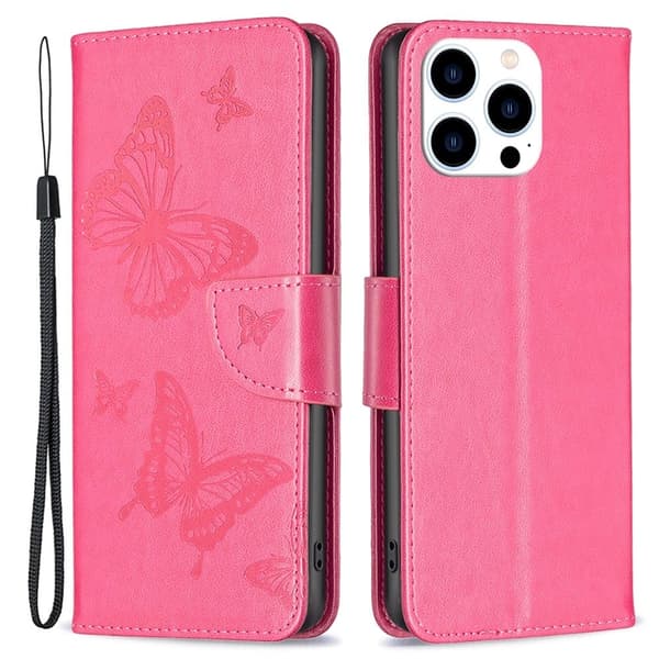 Butterfly läder iPhone 16 Pro Max fodral - Ros Rosa