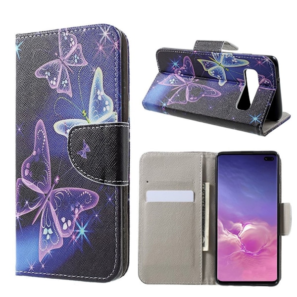 Samsung Galaxy S10 Plus läder fodral med kors textur - Levande Fjärilar multifärg