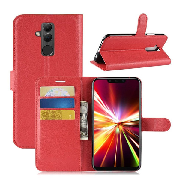 Huawei Mate 20 Lite mobiletui i kunstlæder med Litchi struktur og kortlommer - Rød Red