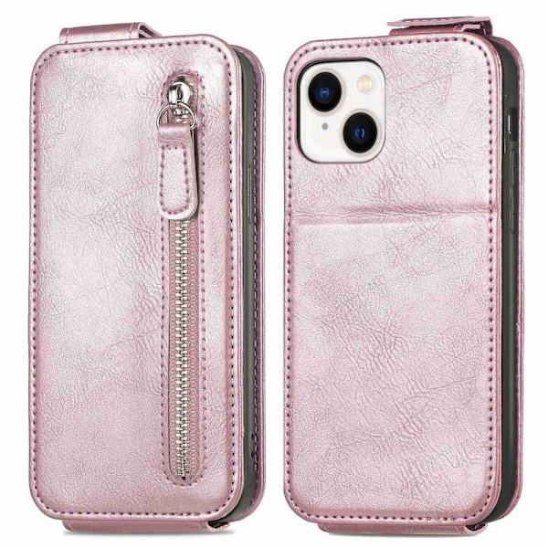 Vertical Flip Phone Suojakotelo With Zipper For iPhone 14 - Ruusukulta Pink