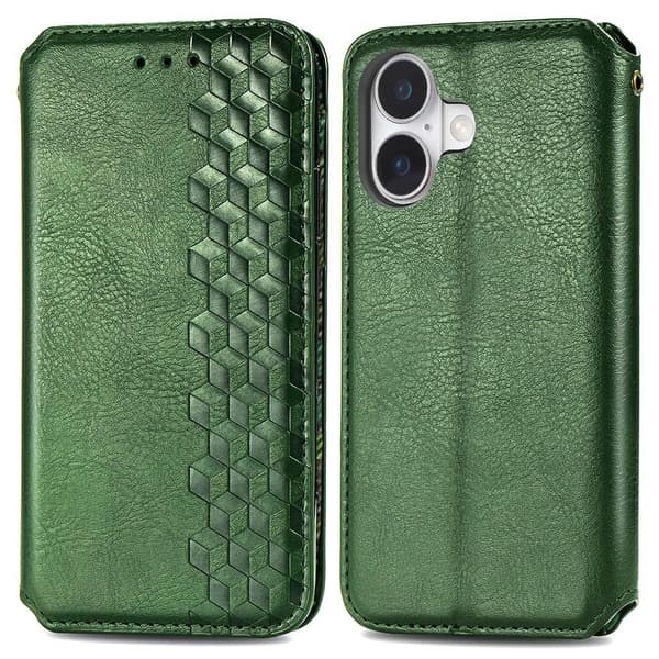 Läder iPhone 16 fodral med romb-design - Grön Grön