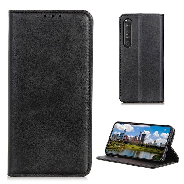 Wallet-style ægte Læder Flipcase til Sony Xperia 1 III - Sort Black