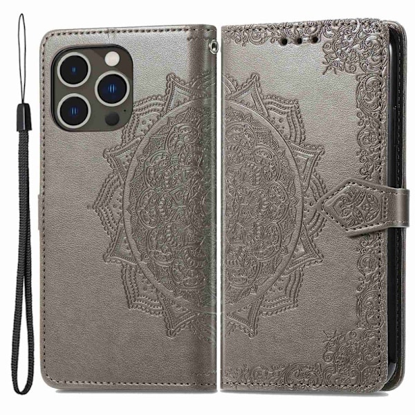 Mandala iPhone 14 Pro Max læderetui - Sølv/Grå Silver grey