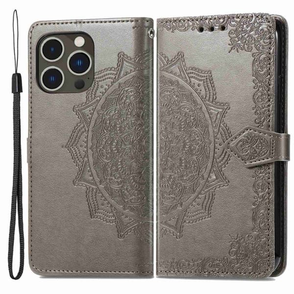Mandala iPhone 14 Pro Max Läppäkotelo - Harmaa Silver grey