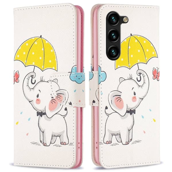 Wonderland Samsung Galaxy S23 Plus Flip Etui - Paraply og Elefant White