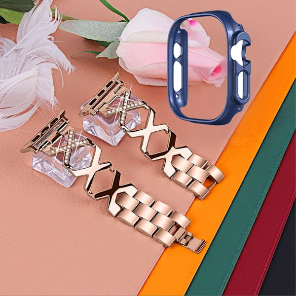 Apple Watch Ultra urrem i rustfrit stål med rhinestone-dekor og midnatsblåt cover - Guld Gold