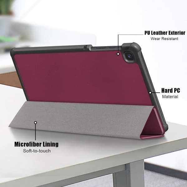 Samsung Galaxy Tab A7 Lite trefoldig flip-etui i skinn - Vinrød Red