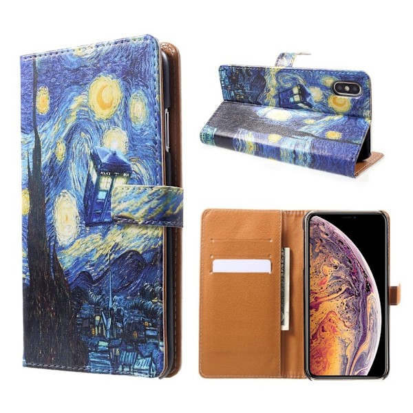 iPhone Xs Max mønstret læder flip cover - Oliemaleri Multicolor