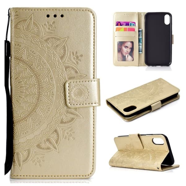 iPhone Xr flip cover i læder med Mandala-mønster - Guld Gold