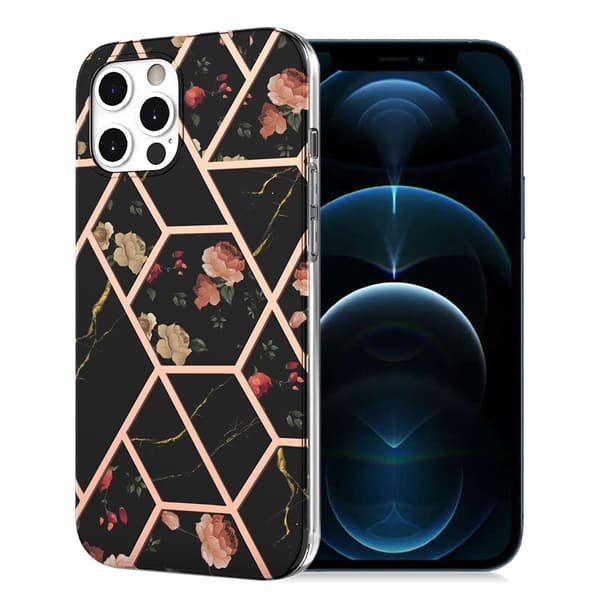 Marmormotiv iPhone 12 Pro / iPhone 12 skal - Svart Marmor / Blomma multifärg