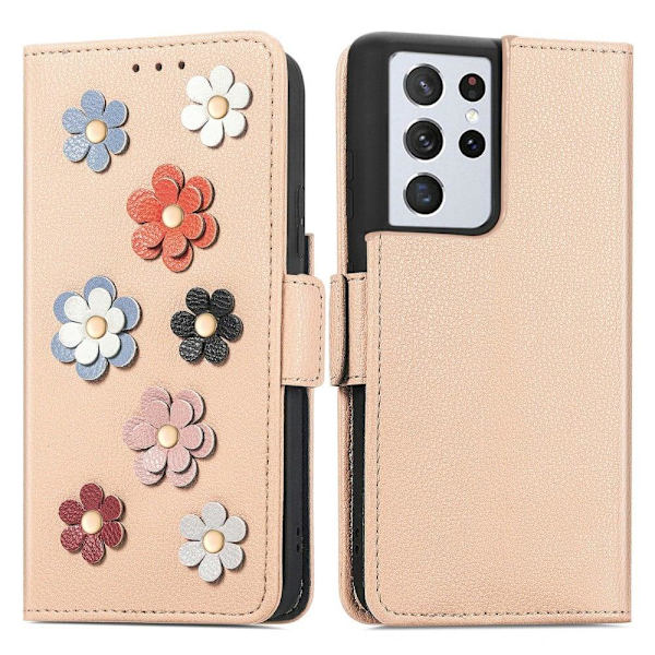 Mjukt läder Samsung Galaxy S21 Ultra 5G fodral med blomdekor - Khaki Brun