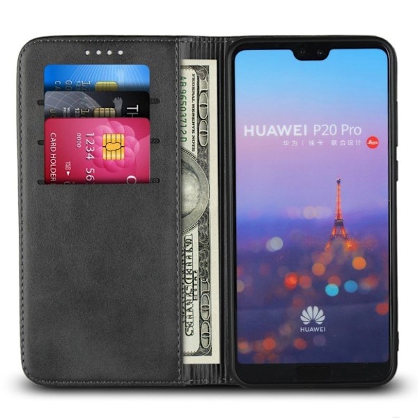 Huawei P20 Pro auto-absorberende læder flip etui - Sort Black
