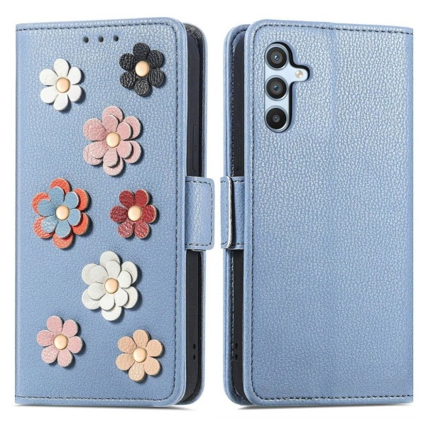 Soft flower decor leather case for Samsung Galaxy A54 - Blue Blå