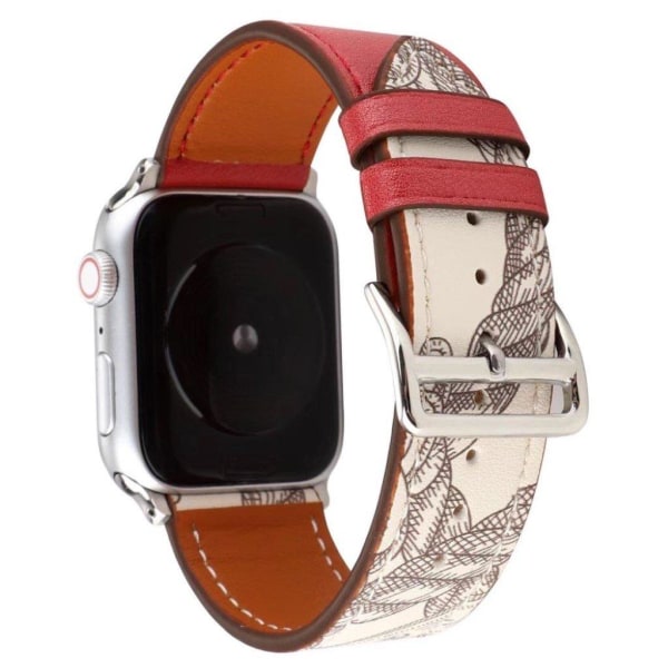 Apple Watch Series 5 44mm mønster ægte læder Urrem - Rød Red