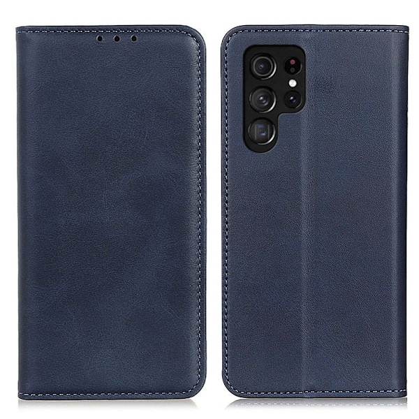 Flip Etui med Pung i Ægte Læder til Samsung Galaxy S23 Ultra - Blå Blue