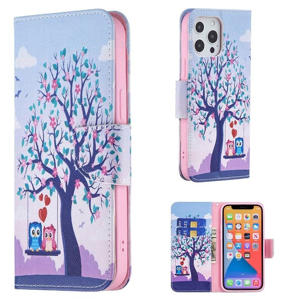 Wonderland iPhone 13 Pro flip etui - Træ Og Ugler Multicolor