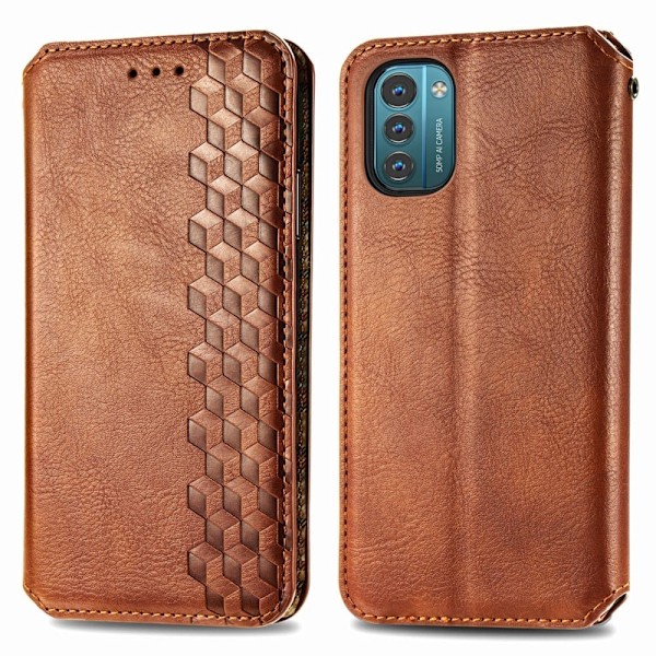 Læder Etui med A Stilfuldt Rhombus Tryk til Nokia G21 / G11 - Brun Brown