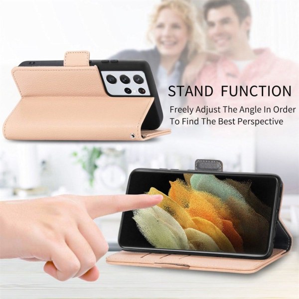 Mjukt läder Samsung Galaxy S21 Ultra 5G fodral med blomdekor - Khaki Brun