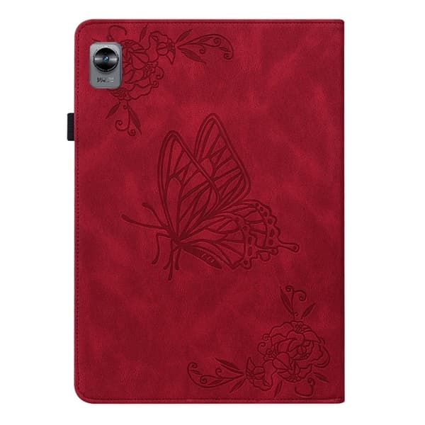 Realme Pad Mini læderetui med sommerfugleblomstmønster - Rød Red