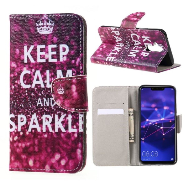 Huawei Mate 20 Lite mobiletui i kunstlæder med Cross tekstur og printet mønster - "Keep Calm And Sparkle" Multicolor