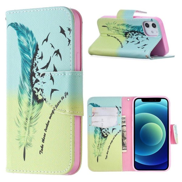 Wonderland iPhone 12 Mini flip case - Feather Pattern Multicolor