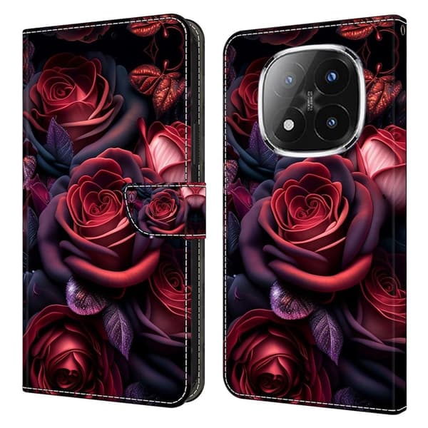 Xiaomi Redmi Note 14 Pro 4G plånboksfodral mönster tryckning stativ läder flip telefonskydd - Svart Ros Röd