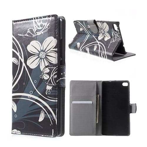 Moberg Huawei Ascend P8 Lær Case med Kortholder - Vakker Hvit Blomster Multicolor