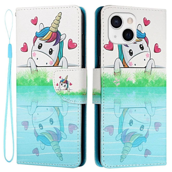 Wonderland iPhone 14 Plus flip etui - Hjerteform / Hest Blue