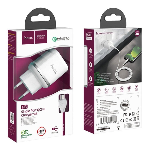 HOCO N3 Special single port QC3.0 charger set(Micro)(EU) - Hvid White