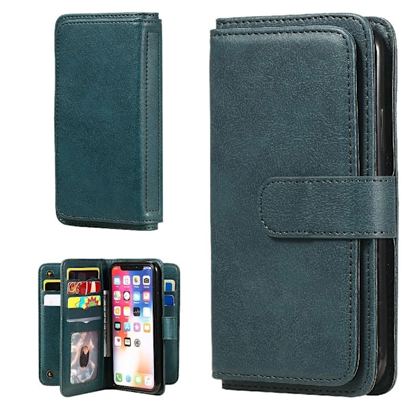 10-slot Lompakko Suojakotelo For iPhone XS - Mustanvihreä Green