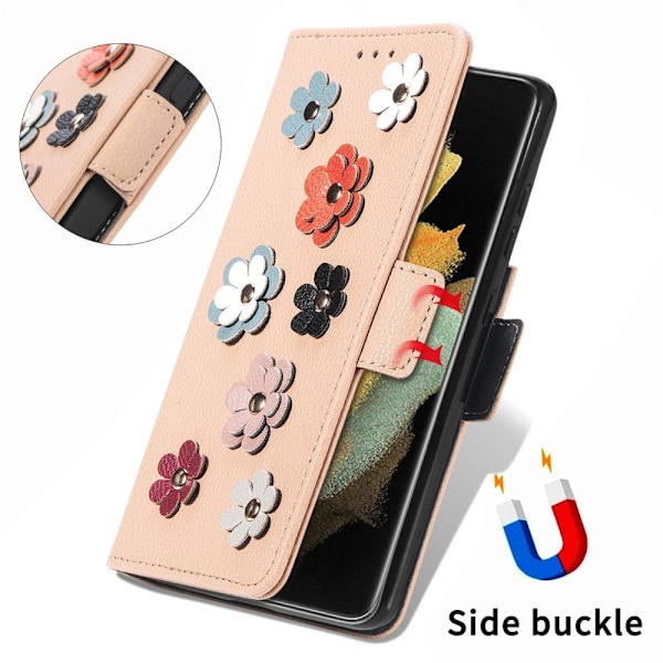 Mjukt läder Samsung Galaxy S21 Ultra 5G fodral med blomdekor - Khaki Brun