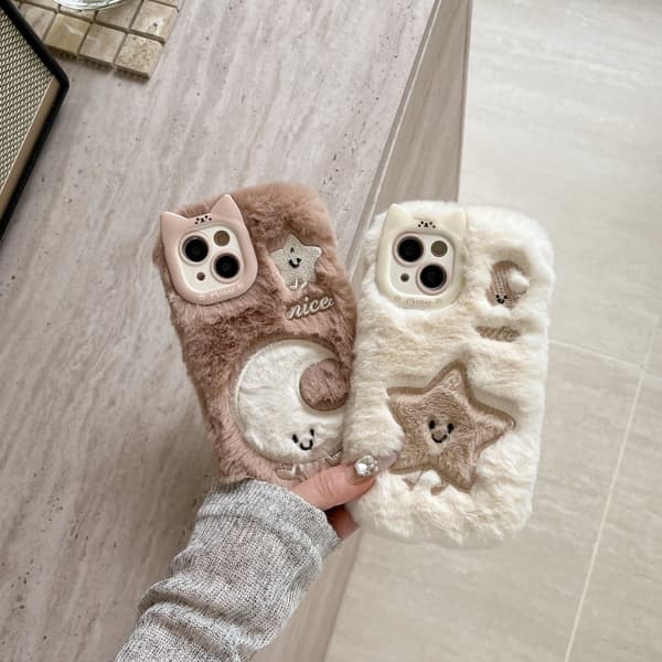 iPhone 15 Case Embroidered Star Moon Warm Plush Flexible Phone Cover - Brown Brown
