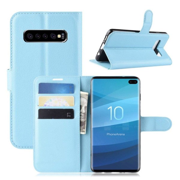 Samsung Galaxy S10 Plus litchi skin læder flip etui - Babyblå Blue