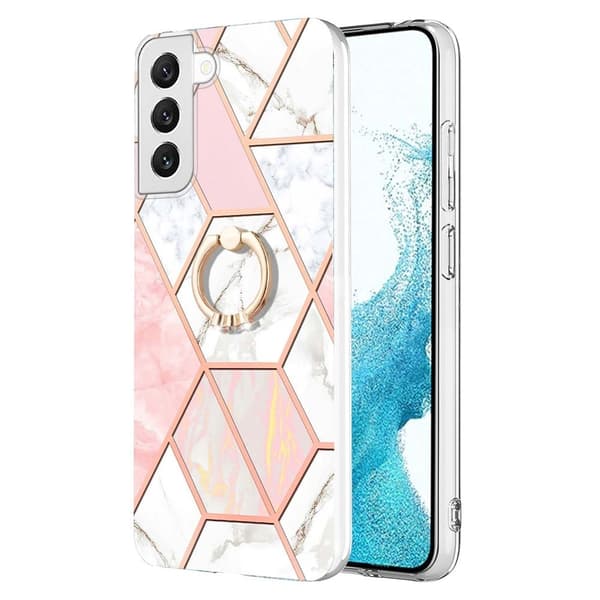 Marble Mønstret Deksel med Ring Holder til Samsung Galaxy S23 Plus - Rosa / Hvit Pink