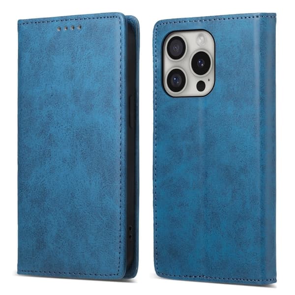 DF-05 iPhone 16 Pro Etui med pung RFID Blocking Vegansk Læder Phone Cover - Blå Blue