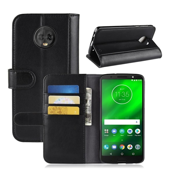 Motorola Moto G6 Plus beskyttelsesetui i splidtet læder med kortlommer og stativ - Sort Black