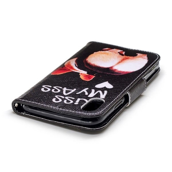 iPhone Xr læder flip cover med mønsterprint - Kiss My Ass Multicolor