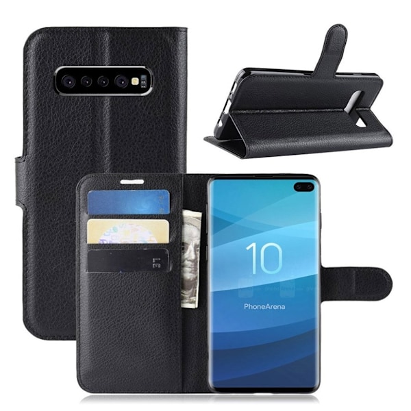 Samsung Galaxy S10 Plus litchi läderfodral - Svart Svart