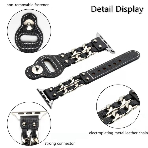 Apple Watch (45mm) Cowhide leather adorned in metal chain watch strap - Black Black