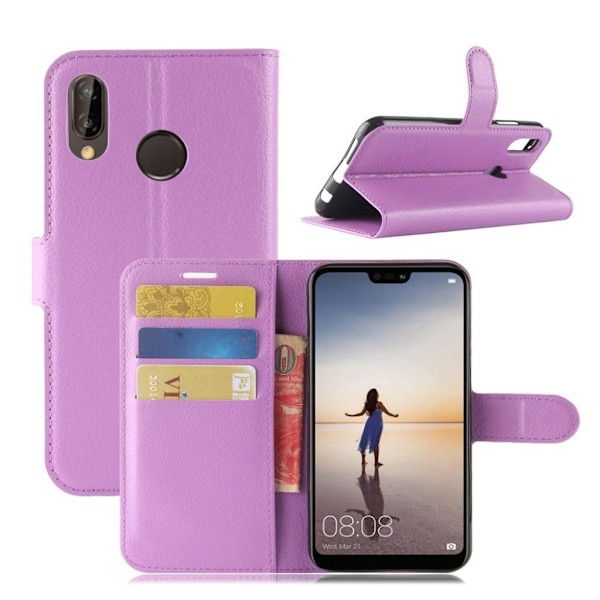 Huawei P20 Lite litchi tekstur PU læder flip etui - Lilla Purple
