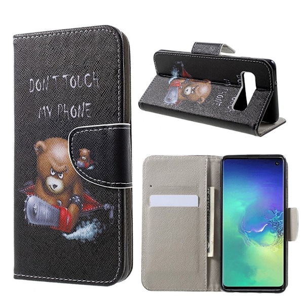 Samsung Galaxy S10 nahkainen flip suojakotelo - Vihanen Nalle ja Varoitukset Multicolor
