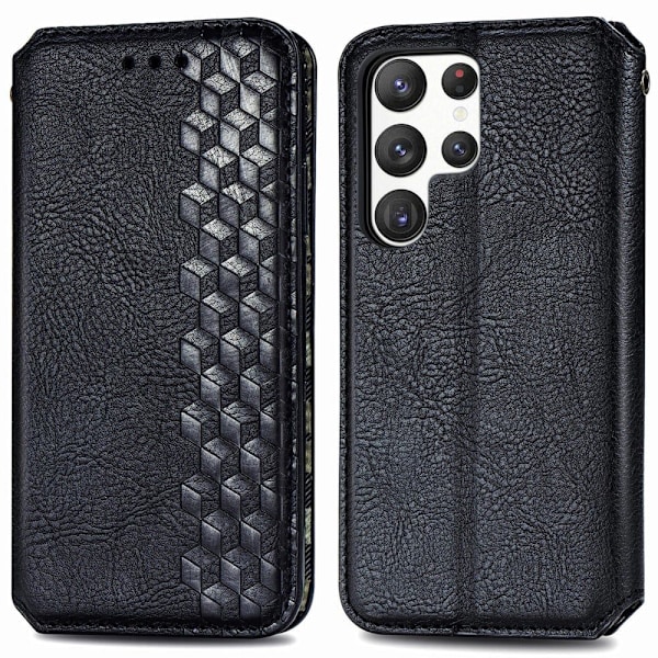 Læder Etui med A Stilfuldt Rhombus Tryk til Samsung Galaxy S23 Ultra - Sort Black