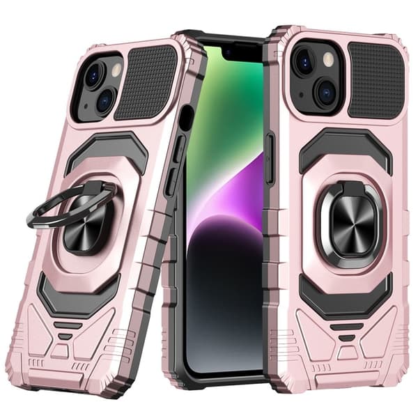 Holdbart cover i hård plast med blød inderside og kickstand til iPhone 14 - Rose Gold Pink