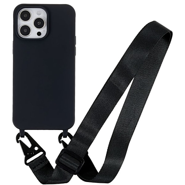 iPhone 14 Pro Max 6,7 tommer Drop Resistant Soft Flexible Matte Surface Phone Cover Protective Shell med bred lanyard - Sort Black